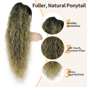 ORSUNCER Wavy Ponytail Extension 30-inch curly black mix ash blonde side view