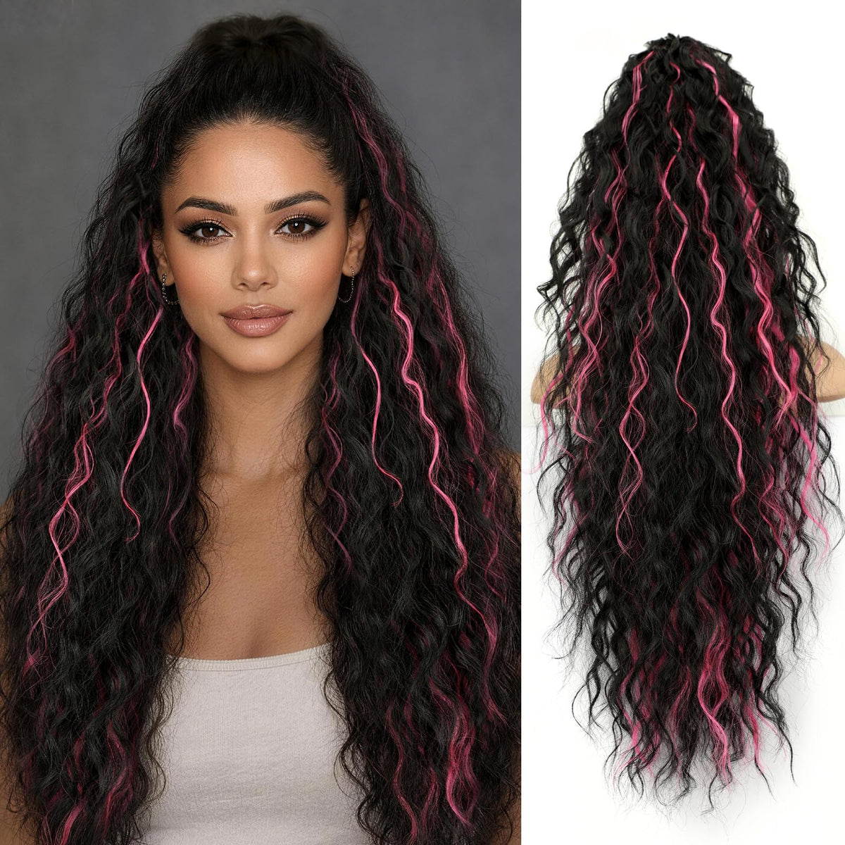 ORSUNCER Wavy Ponytail Extension 30 inch curly black mix pink front view