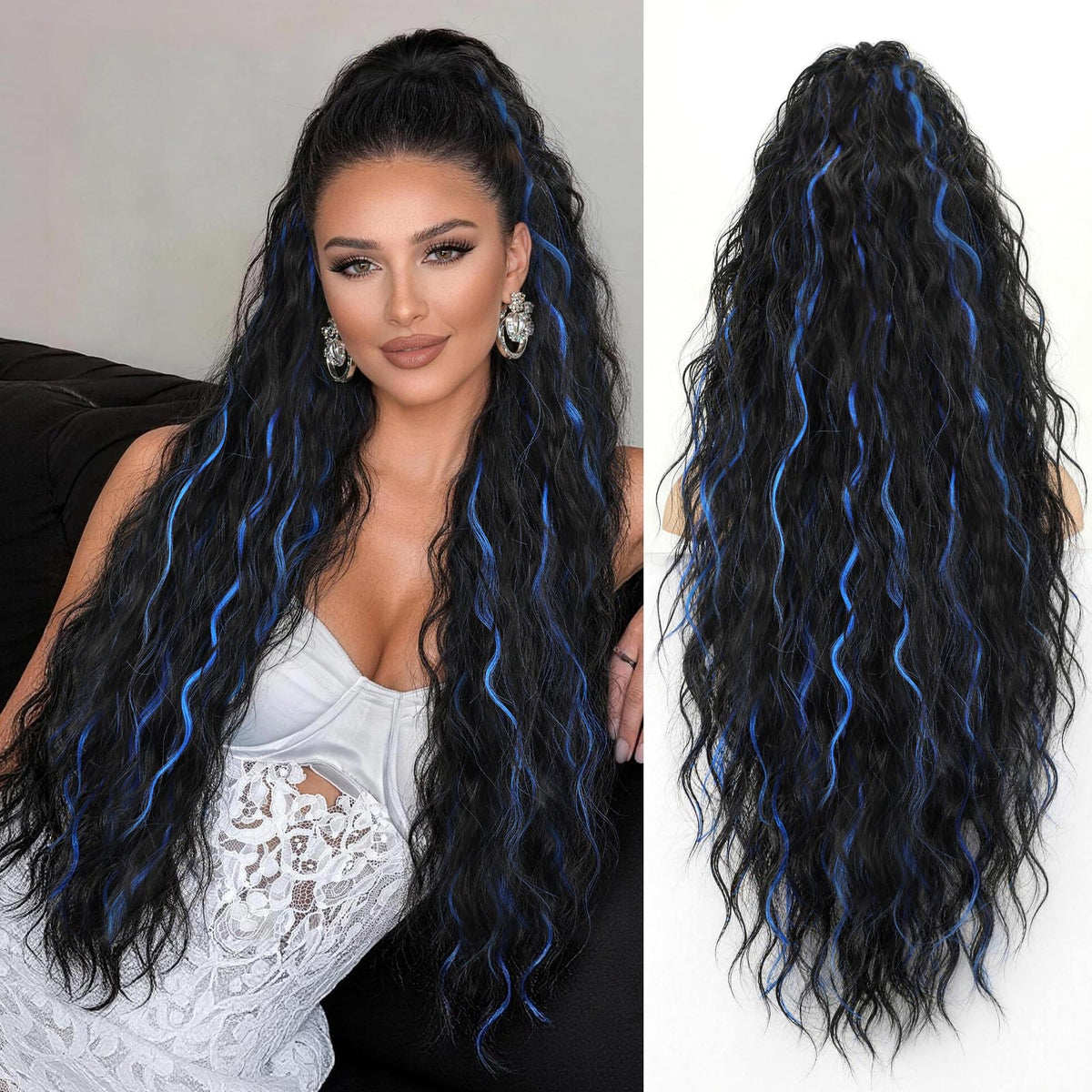 ORSUNCER Wavy Ponytail Extension 30-inch curly black mix red front view