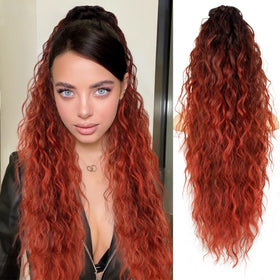 ORSUNCER Wavy Ponytail Extension 30-inch Curly Ombre Red front view