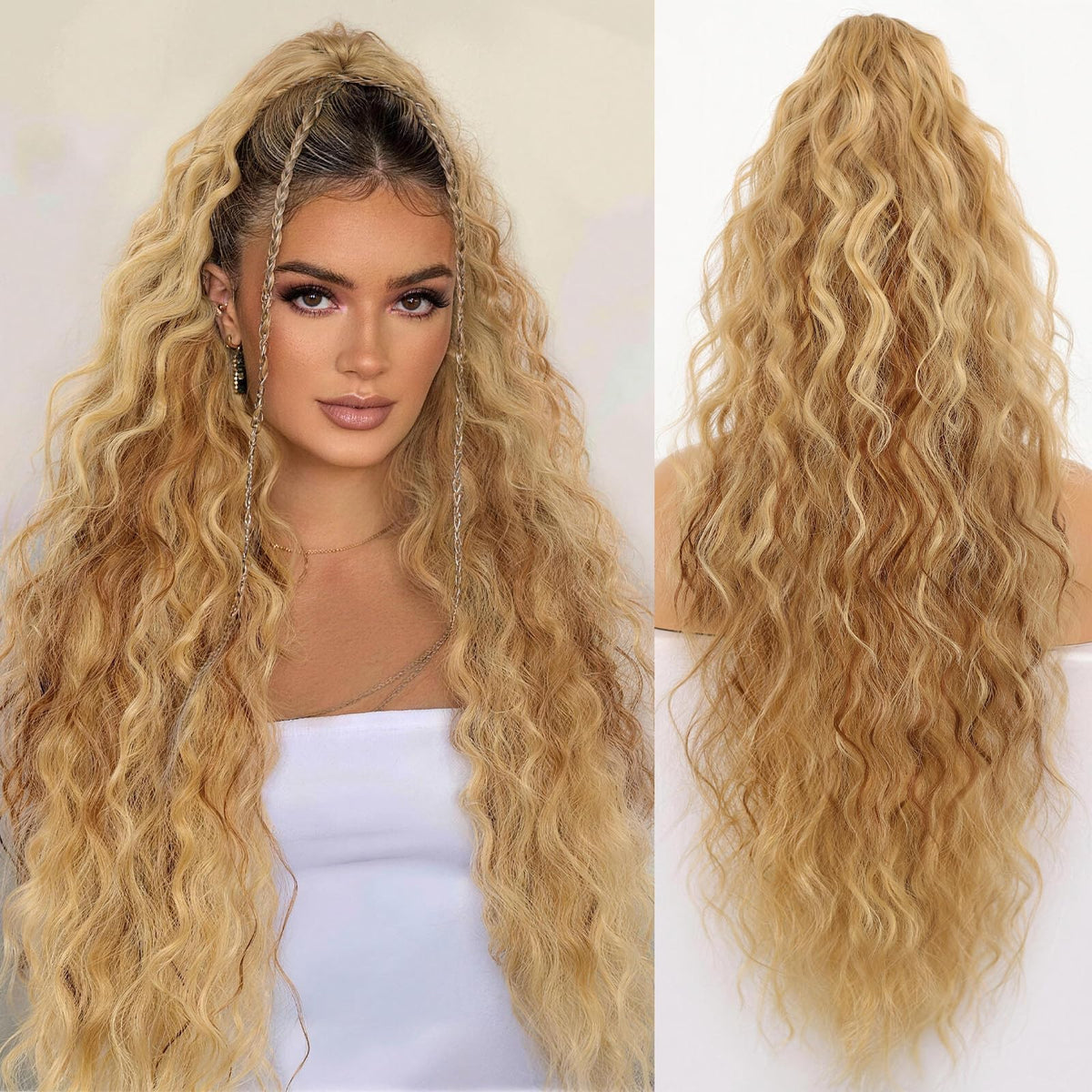 ORSUNCER Wavy Ponytail Extension 30 inch light blonde front view
