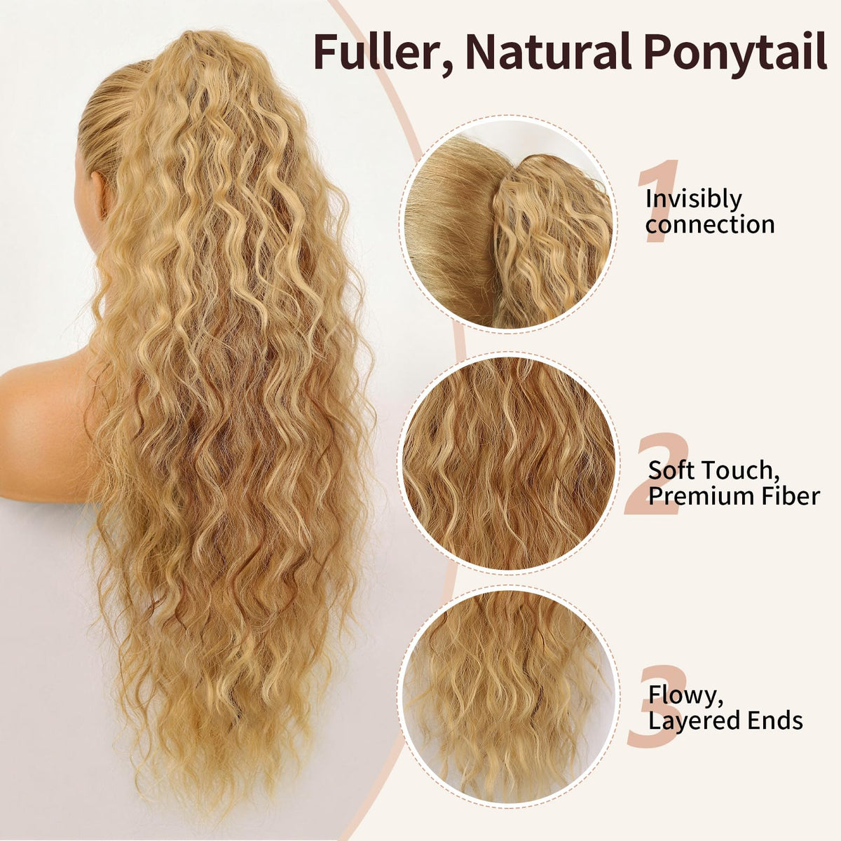 ORSUNCER Wavy Ponytail Extension 30 inch light blonde side view