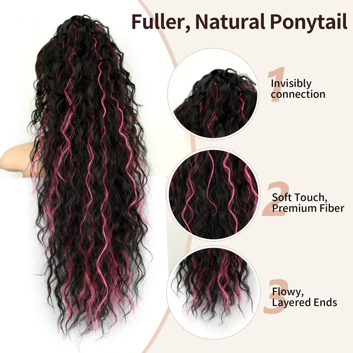 ORSUNCER Wavy Ponytail Extension close-up of claw clip