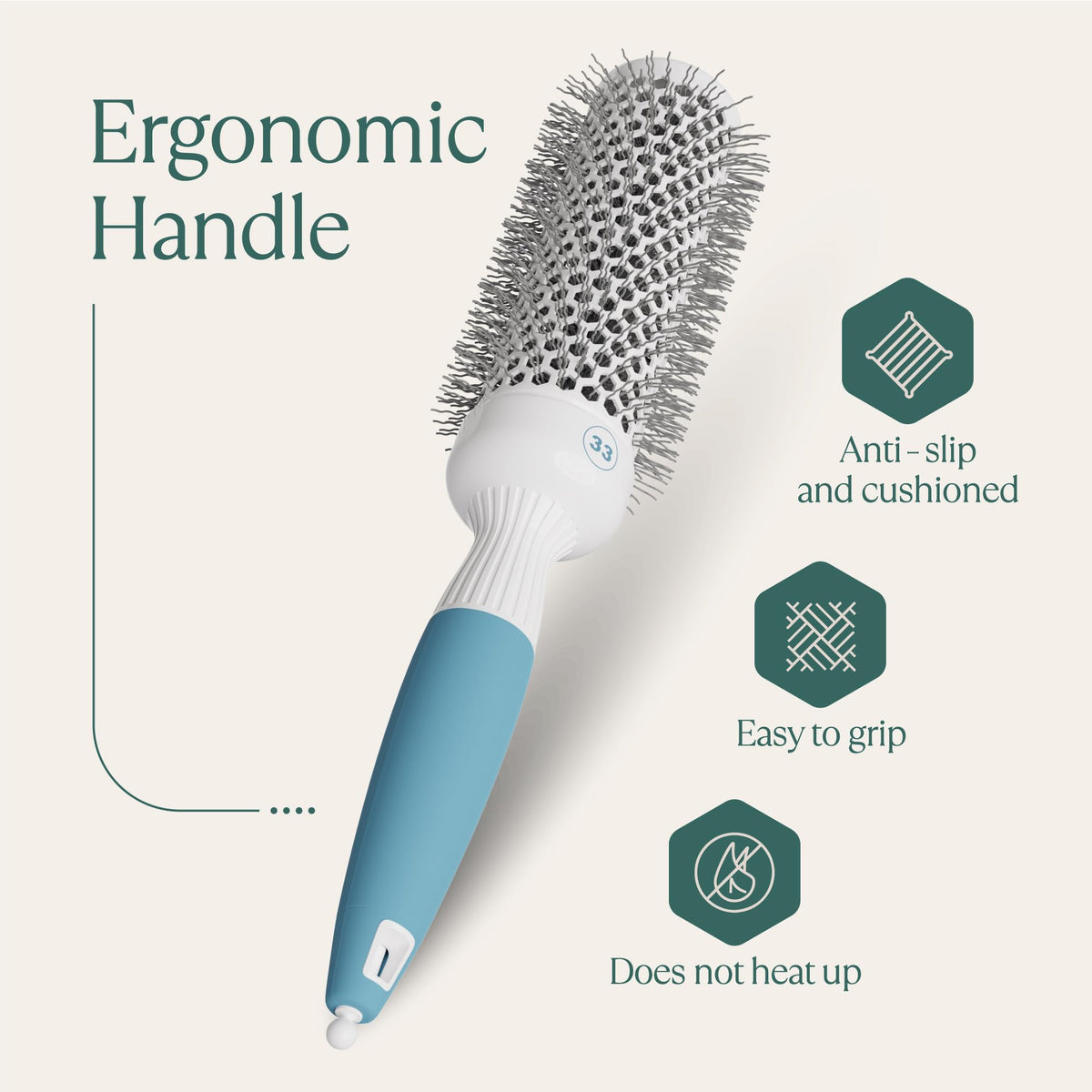 Osensia round brush on a vanity with styling tools