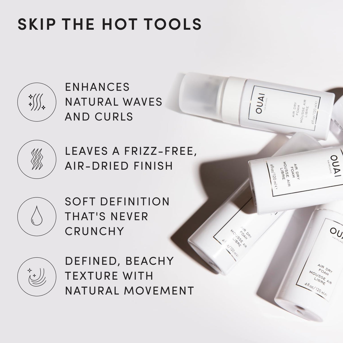 OUAI Air Dry Foam Hair Mousse application on damp hair