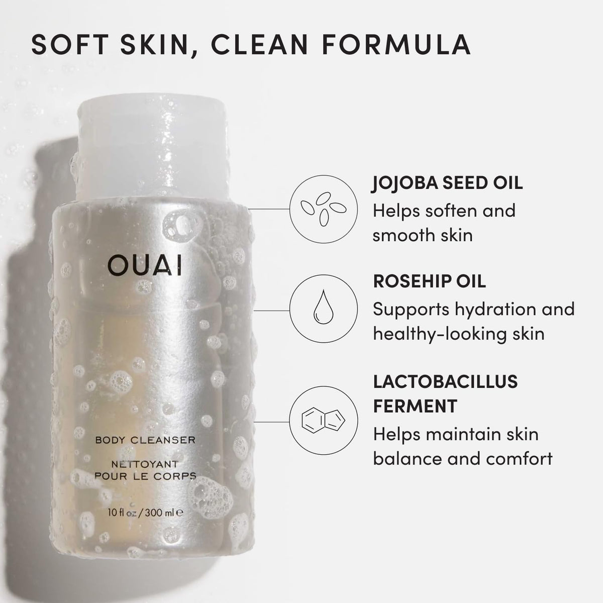 OUAI Body Cleanser 10 Fl Oz with a loofah
