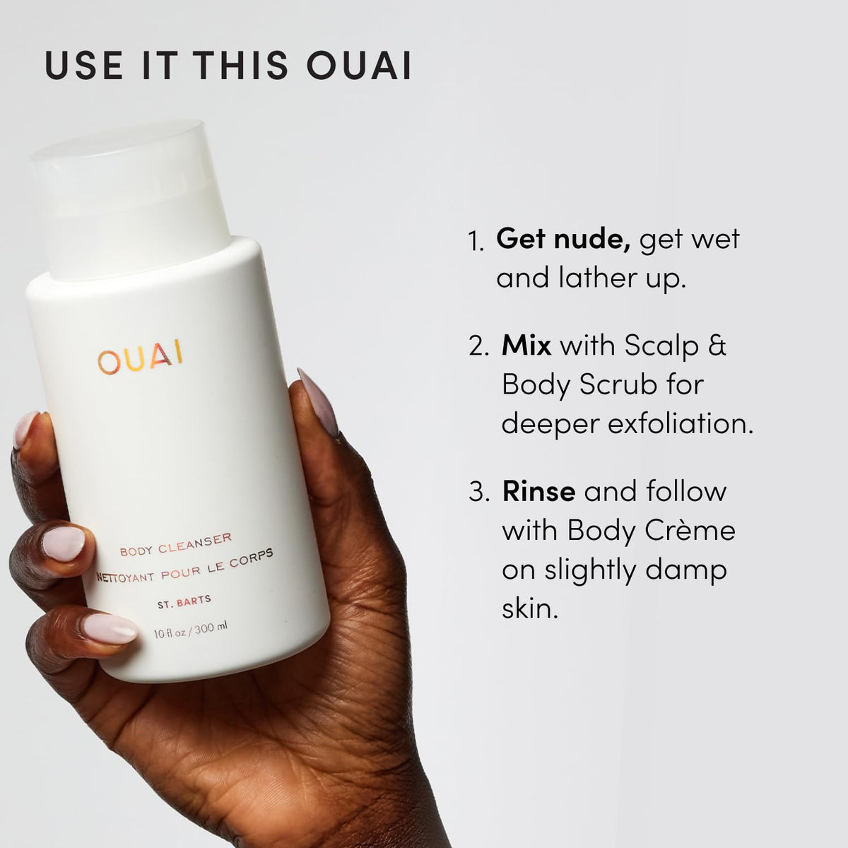 OUAI Body Cleanser Foaming Body Wash St. Barts in a bathroom setting