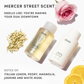 OUAI Fine Hair Shampoo and Conditioner set on a bathroom counter