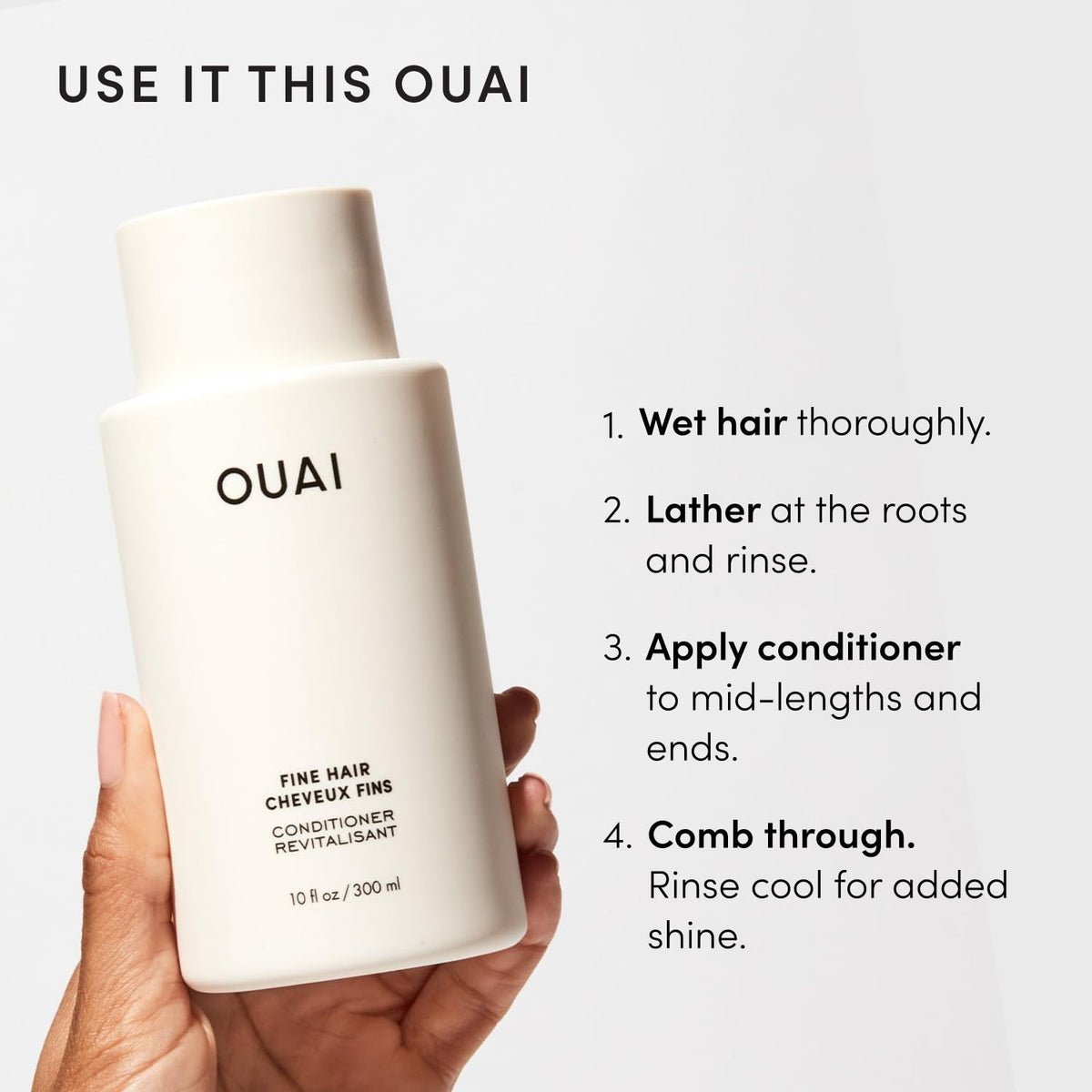 OUAI Fine Shampoo and Conditioner Set on bathroom shelf