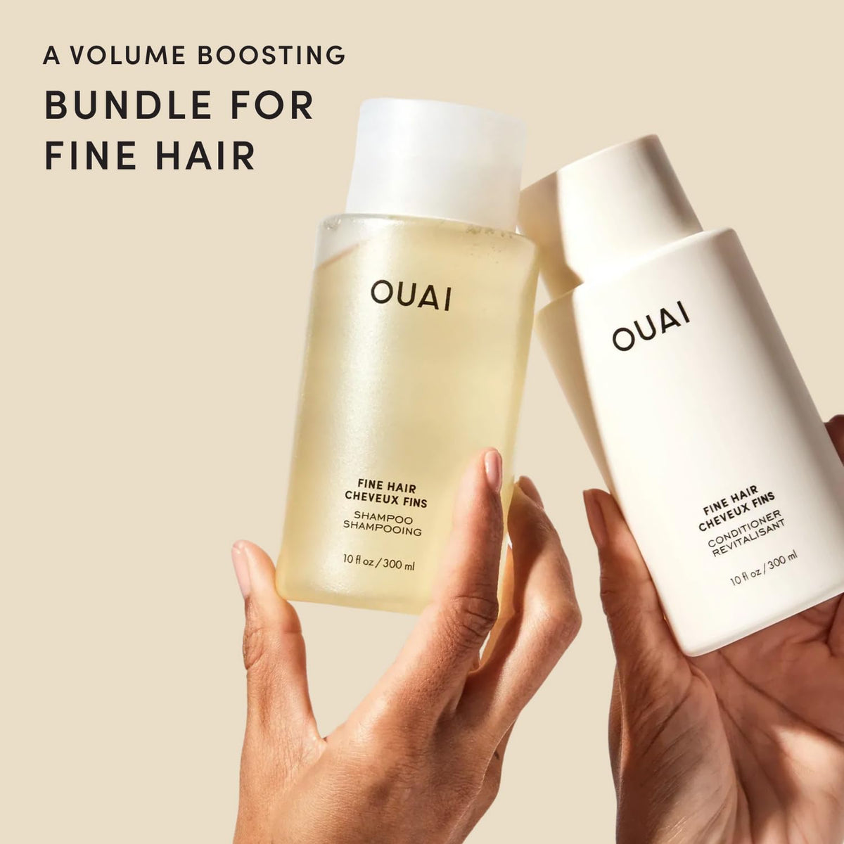 OUAI Fine Shampoo bottle close-up with ingredients