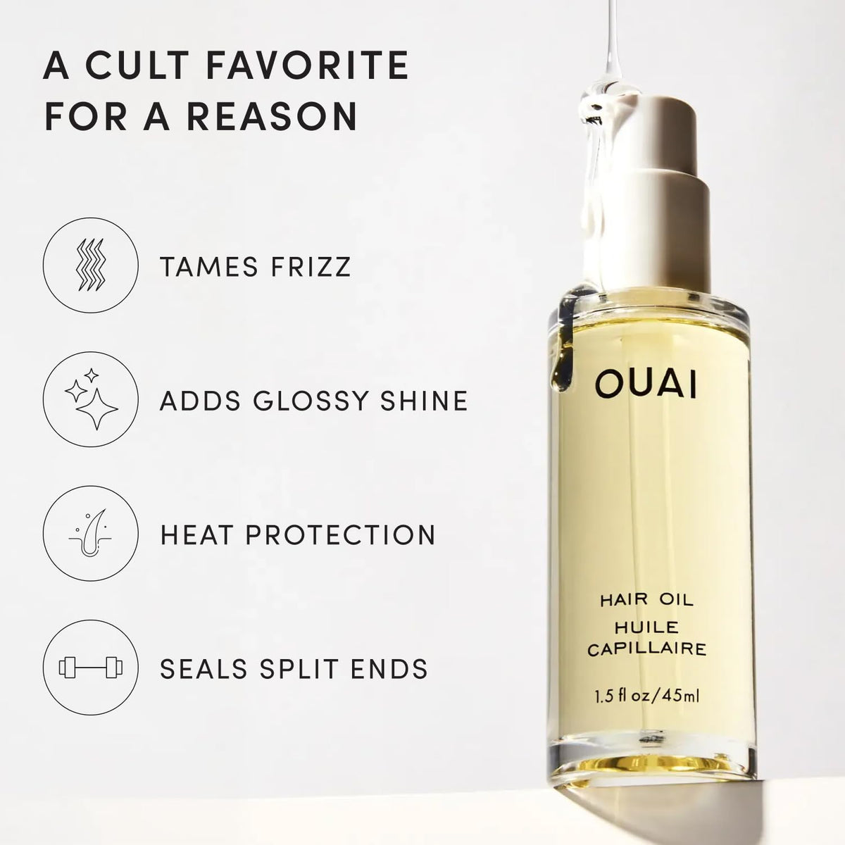 OUAI Hair Oil 1.5 Fl Oz side view highlighting bottle design
