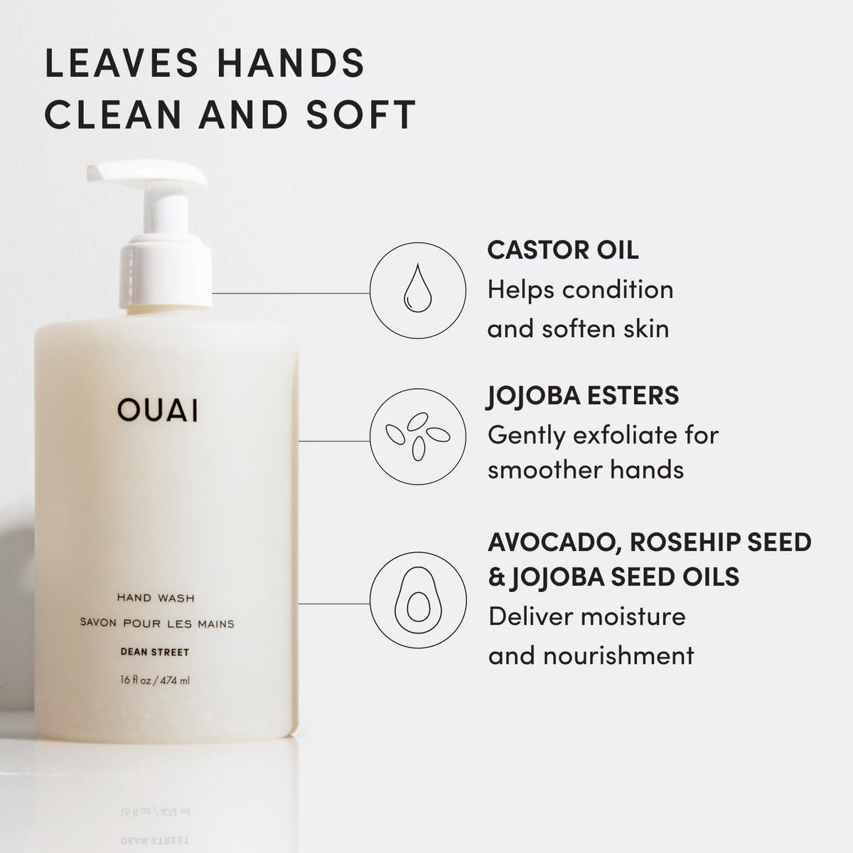 OUAI Hand Wash Dean Street 16 Fl Oz with floral background