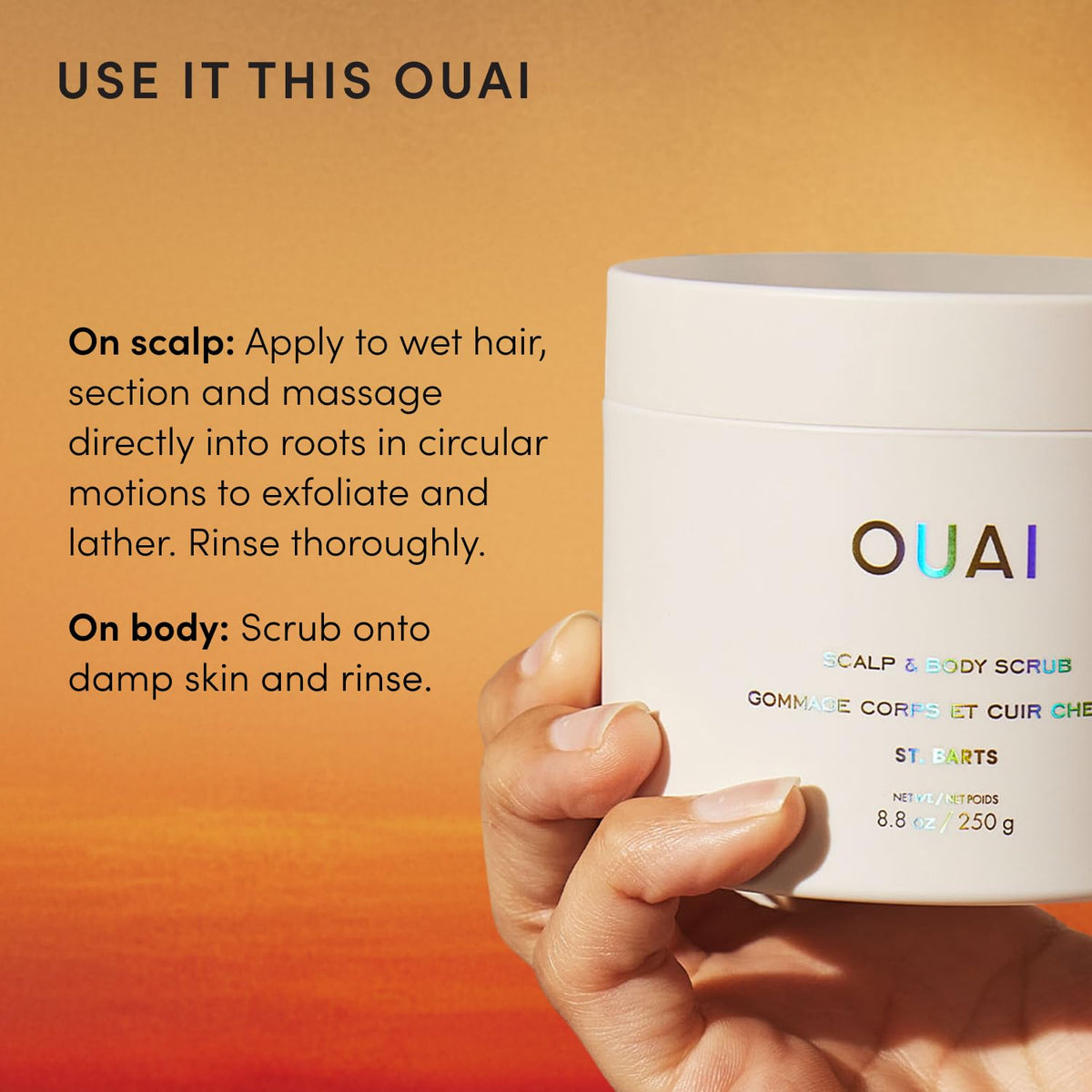 OUAI Scalp & Body Scrub 3.4 oz St. Barts with tropical background