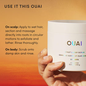 OUAI Scalp & Body Scrub 3.4 oz St. Barts with tropical background