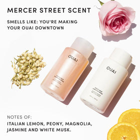 OUAI Thick Hair Shampoo and Conditioner in bathroom setting