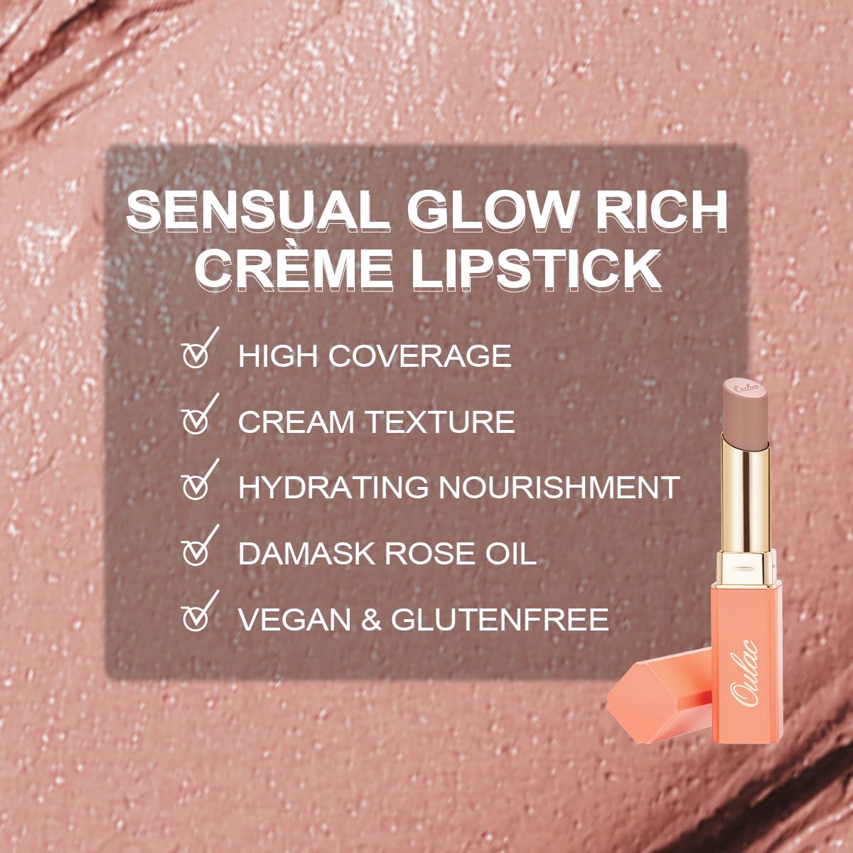 Oulac Nude Lipstick Peach Matte 4g texture on hand