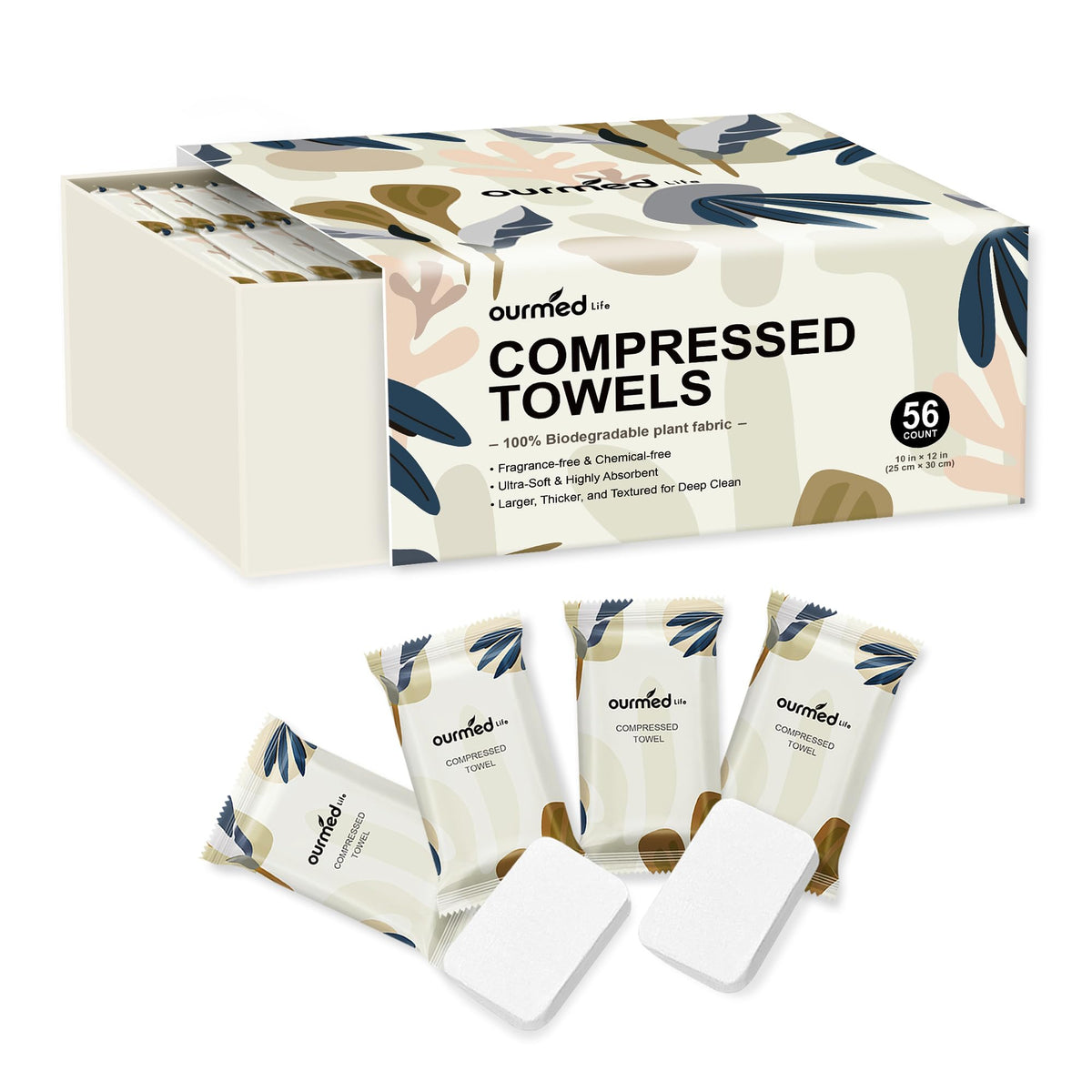 Ourmed Life Compressed Towel front view, individually wrapped