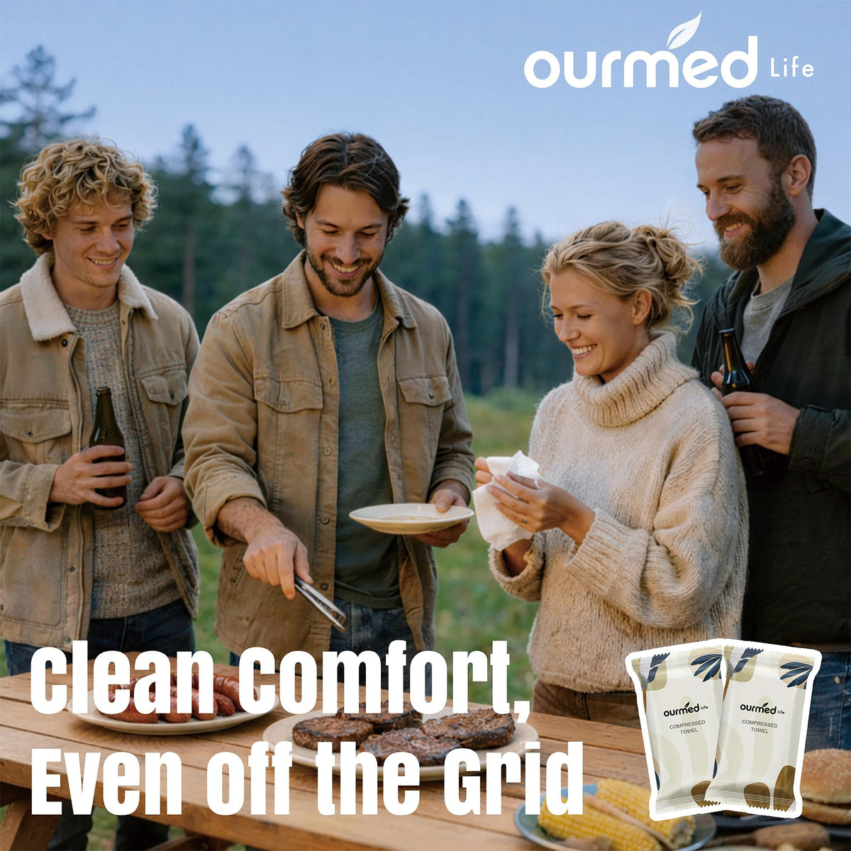 Ourmed Life Compressed Towels displayed on a picnic table