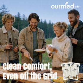 Ourmed Life Compressed Towels displayed on a picnic table