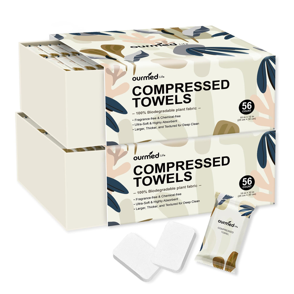 Ourmed Life Compressed Towels package front view with 112 count