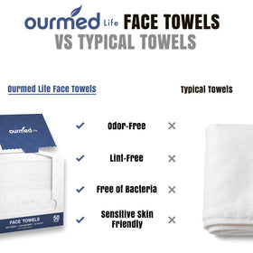 Ourmed Life Disposable Face Towels measuring 11x9 inches