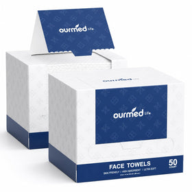 Ourmed Life Disposable Face Towels pack front view with 50 count