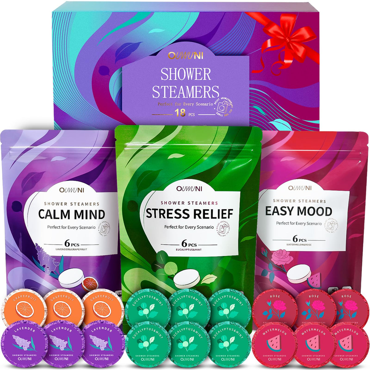 Ouwuni 18 Pack Shower Steamers assorted scents packaging
