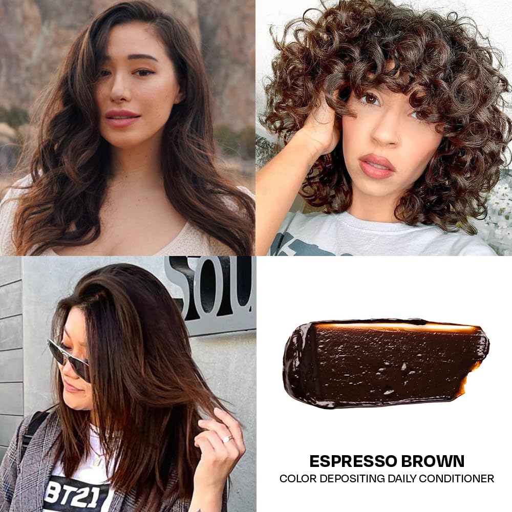 oVertone Espresso Brown Conditioner on a bathroom shelf