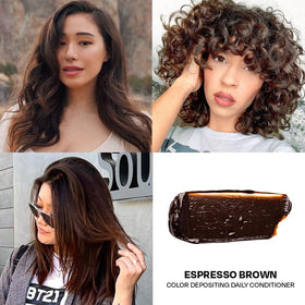 oVertone Espresso Brown Conditioner on a bathroom shelf