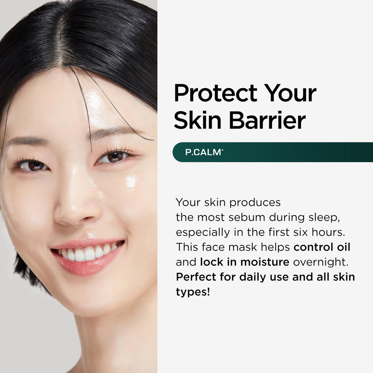 P.CALM Barrier Cycle Daily Sheet Mask in use on a model