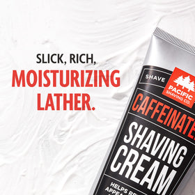 Pacific Shaving Company Caffeinated Shaving Cream on a bathroom counter