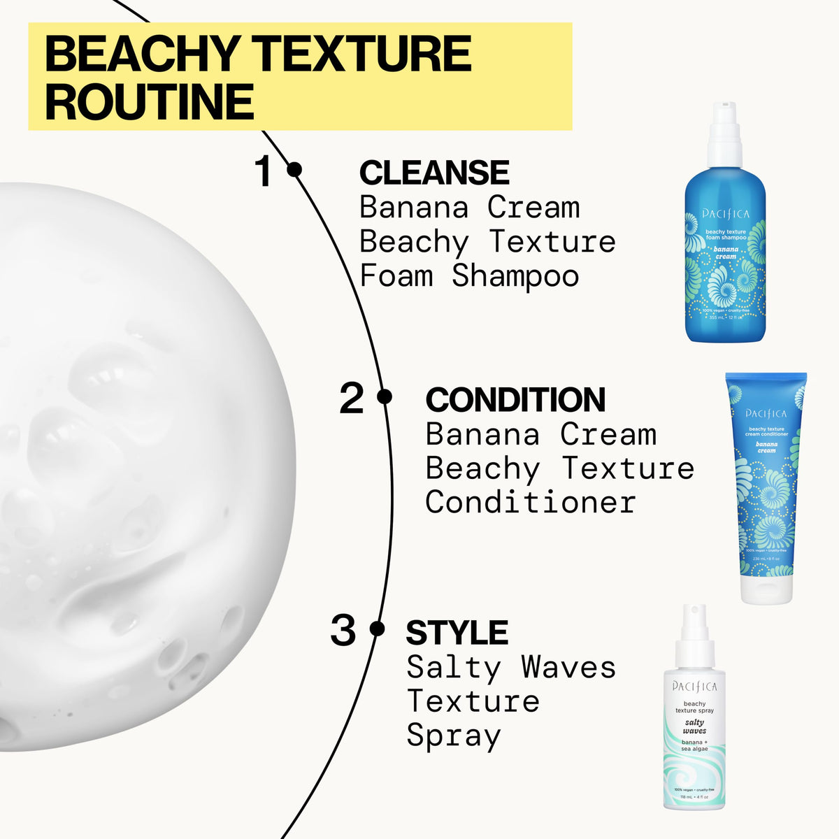 Pacifica Banana Cream Beachy Texture Foam Shampoo close-up of foam