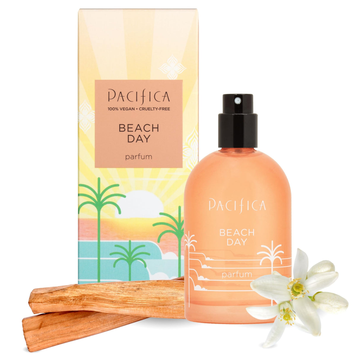 Pacifica Beach Day Spray Perfume front view with a beach background