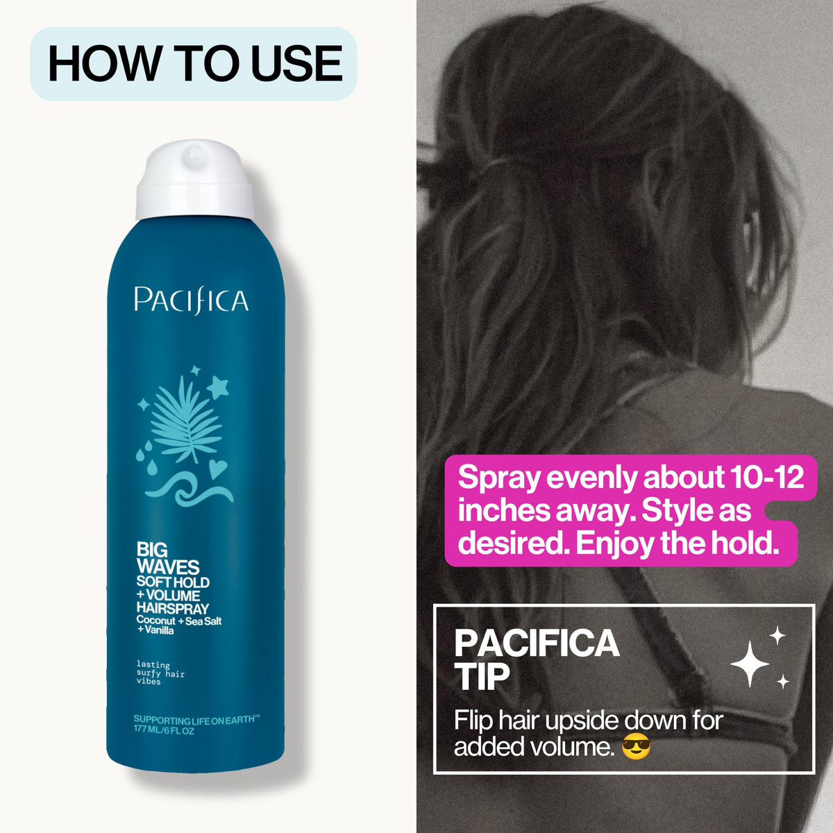 Pacifica Big Waves Coconut Vanilla Sea Salt Hairspray texture spray application