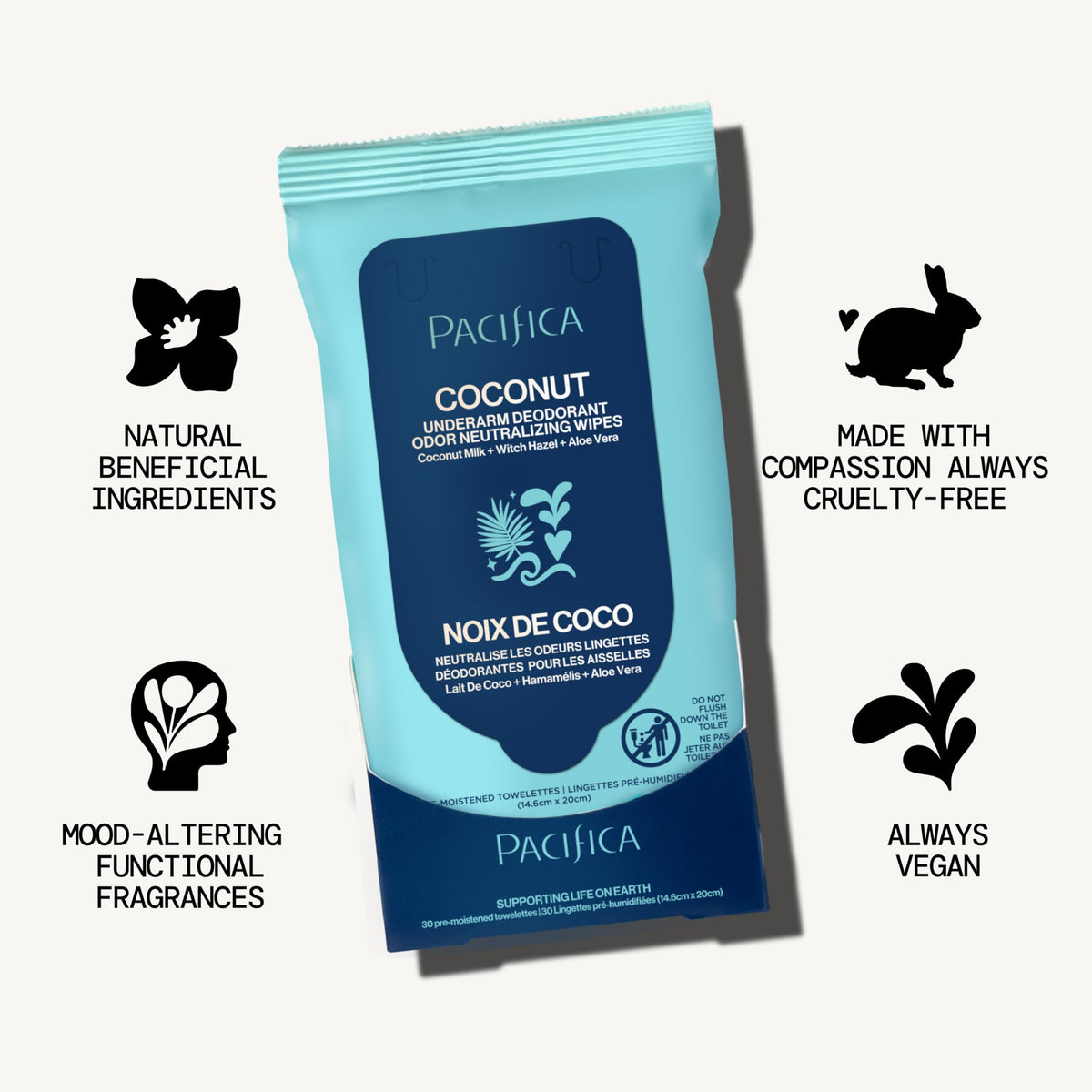 Pacifica Coconut Milk Deodorant Wipes on a travel suitcase