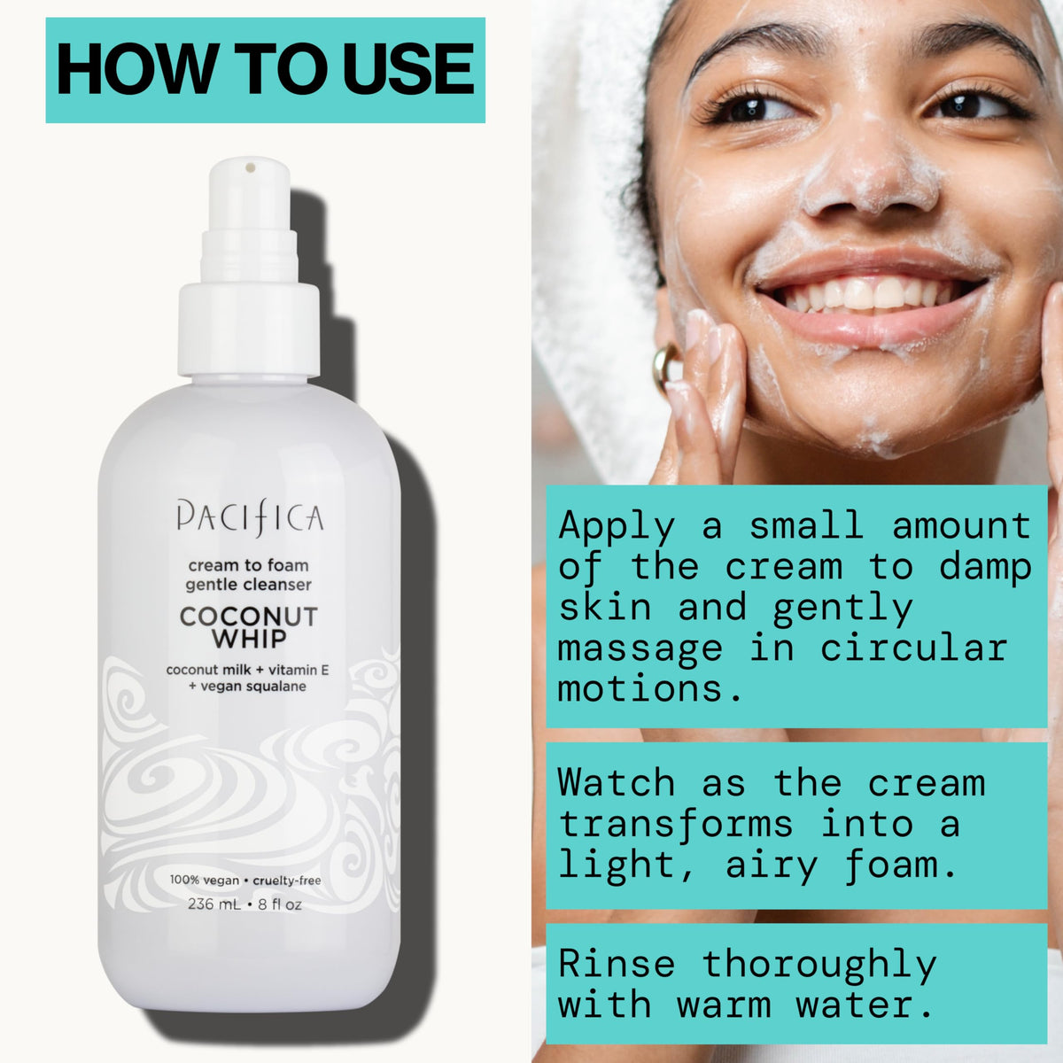 Pacifica Coconut Whip Cream-to-Foam Face Wash lathering on hands