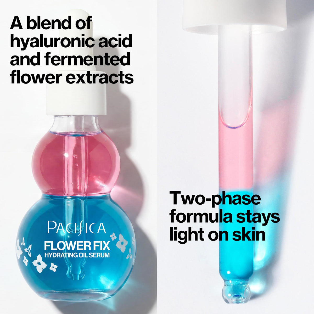 Pacifica Flower Fix Bi-Phase Hydrating Oil Serum with floral background