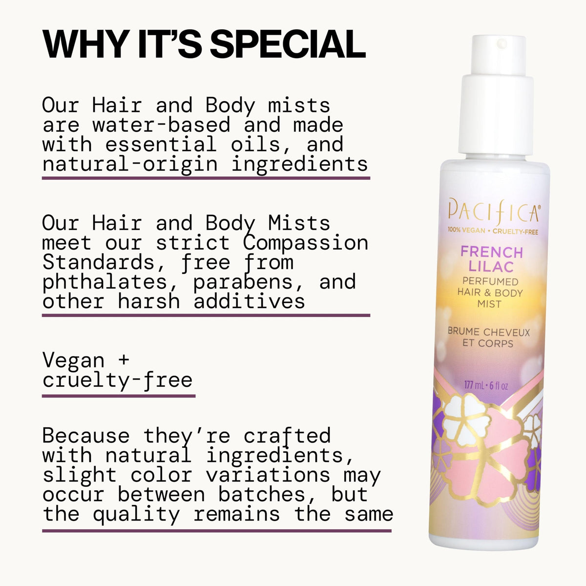 Pacifica French Lilac Hair & Body Mist bottle with floral background