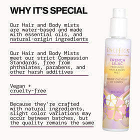 Pacifica French Lilac Hair & Body Mist bottle with floral background