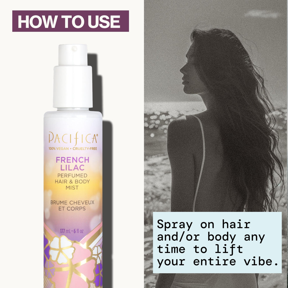 Pacifica French Lilac Hair & Body Mist packaging details