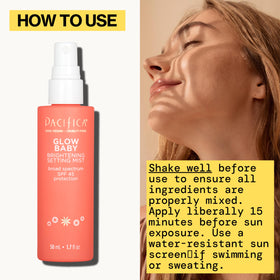 Pacifica Glow Baby Brightening Mist on a vanity with makeup