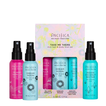 Pacifica Hair & Body Mist Travel Size Set front view with three bottles