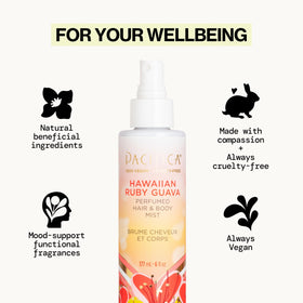 Pacifica Hawaiian Ruby Guava Body Mist bottle with tropical background
