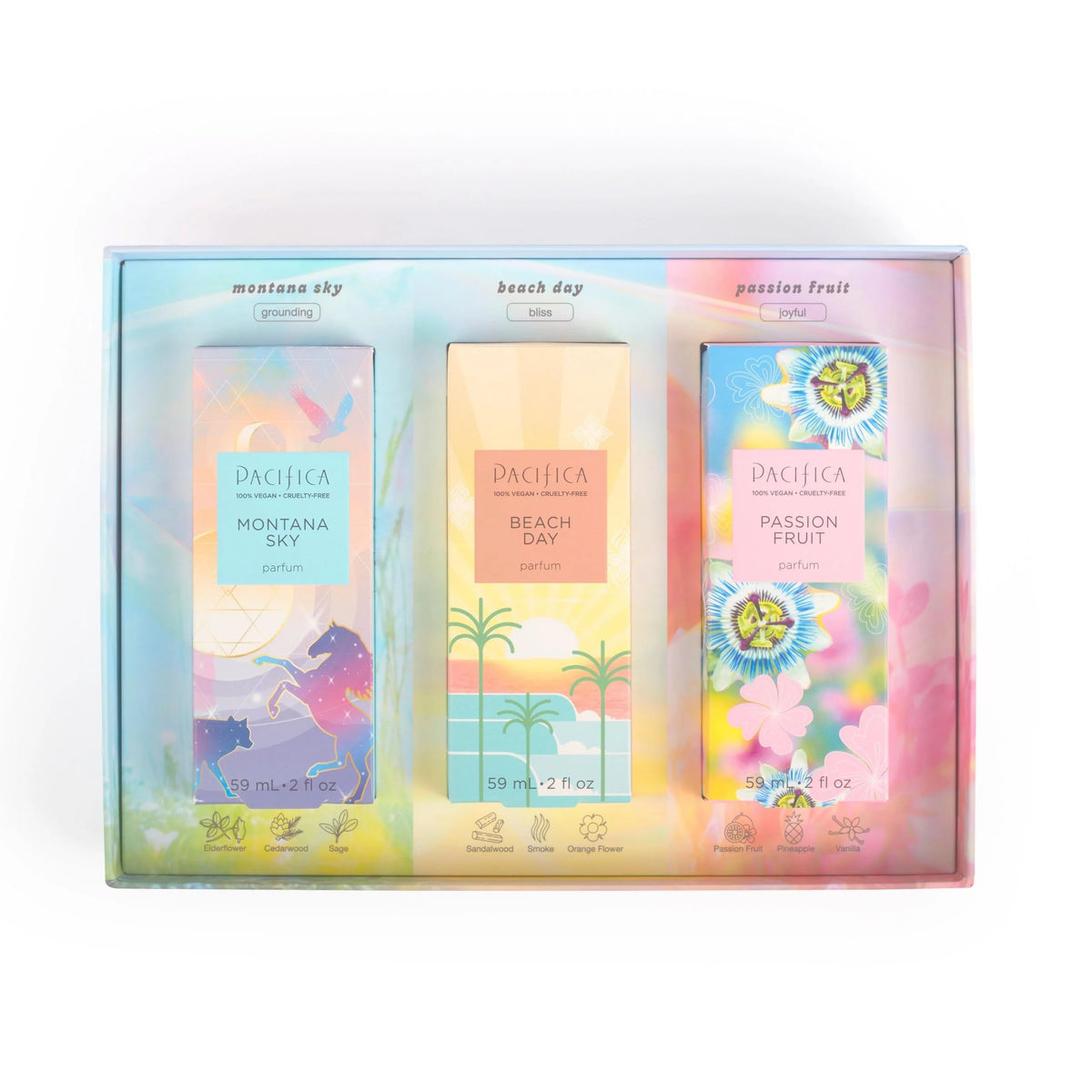 Pacifica Iconic Scents Gift Box front view with three fragrance bottles