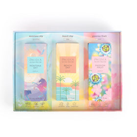 Pacifica Iconic Scents Gift Box front view with three fragrance bottles