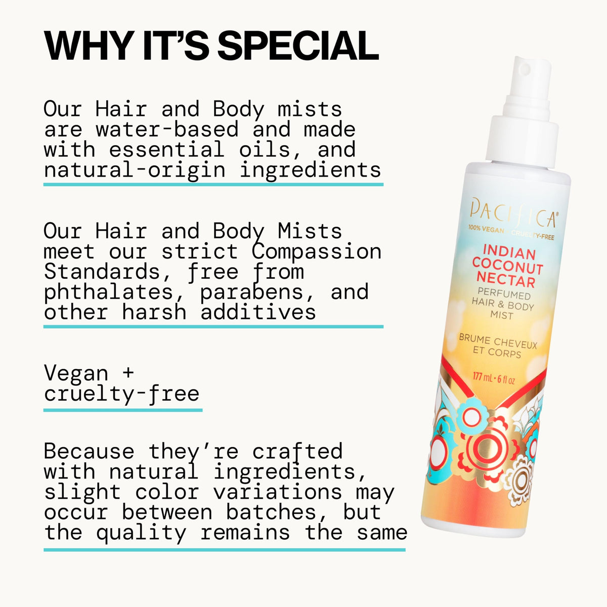 Pacifica Indian Coconut Nectar Hair & Body Mist on a bathroom shelf