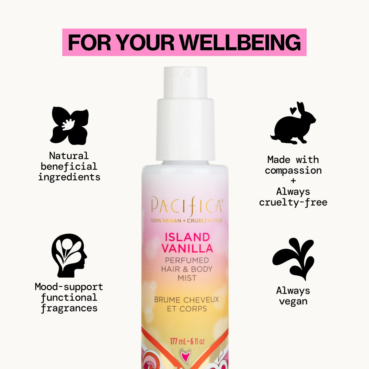 Pacifica Island Vanilla Hair Mist & Body Spray bottle with floral background