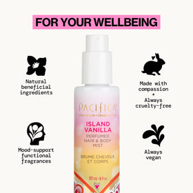 Pacifica Island Vanilla Hair Mist & Body Spray bottle with floral background