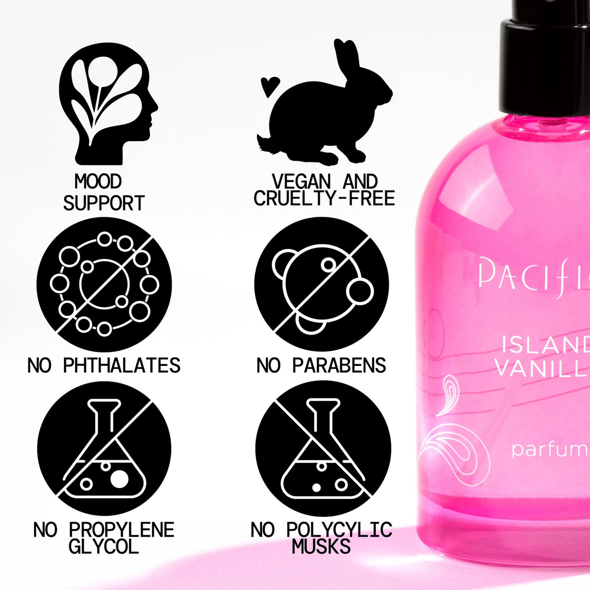 Pacifica Island Vanilla Spray Perfume 2oz bottle with floral background
