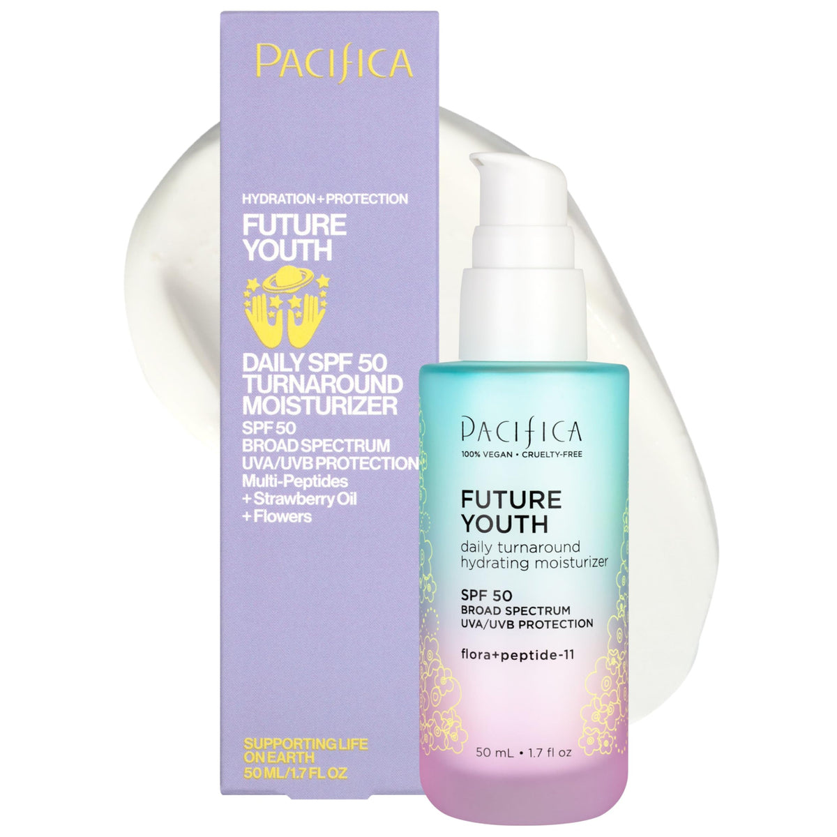 Pacifica Peptide Face Moisturizer front view with SPF 50 label